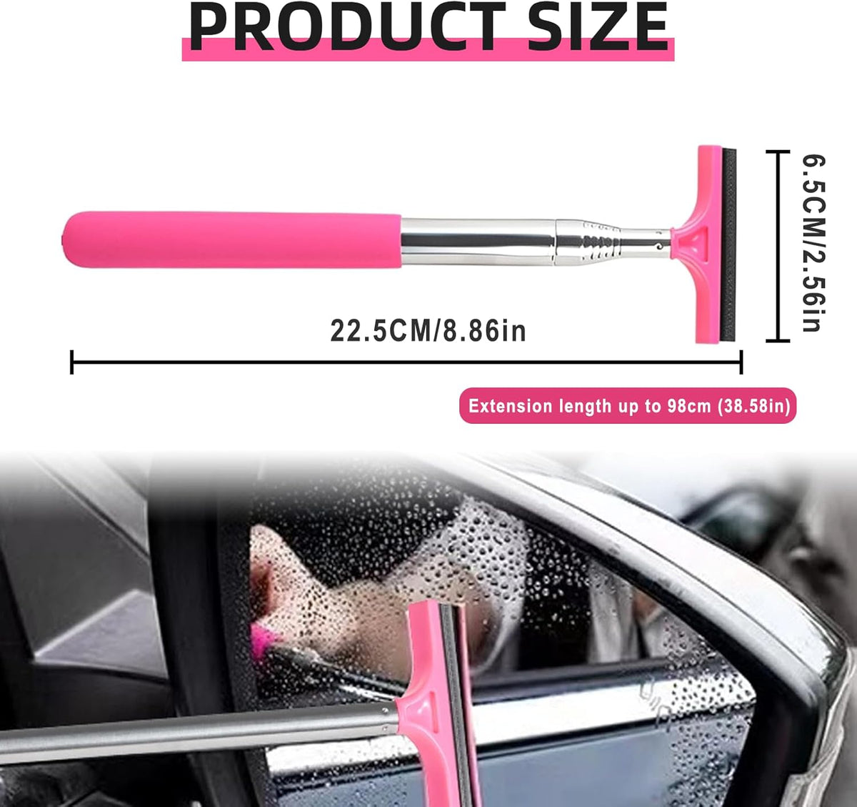 Car Rear View Mirror Wiper, 38.58 In Handle Car Window Squeegee, Retractable Auto Glass Squeegee, Portable Mirror Cleaner Tool for Auto Glass Water Removal Fog Snow (Black)
