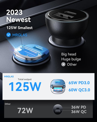 【Upgraded】 125W Car Charger USB C Super Fast Charging, [PD65W & QC60W][All Metal] MRGLAS Cigarette Lighter Car Charger, Car Electrical Accessories for iPhone 17 Pro Max iPad Samsung S26 S25 Pixel 10
