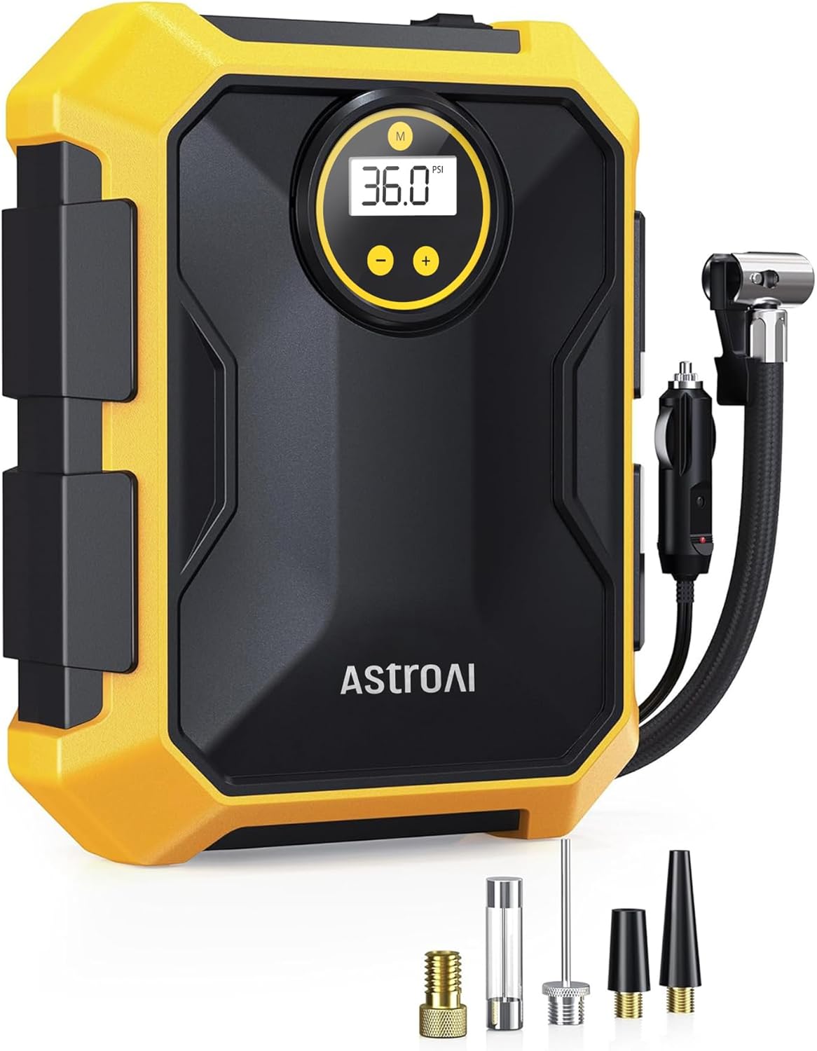 AstroAI Tire Inflator Portable Air Compressor 12V DC 100PSI, Integrated Storage, Digital Gauge, Auto Shut-Off Fast Inflation LED Light, Air Pump for Car Tires Bike Motorcycle Other Inflatables, Yellow