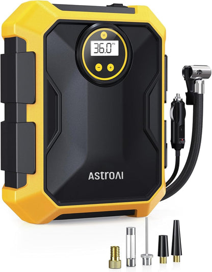AstroAI Tire Inflator Portable Air Compressor 12V DC 100PSI, Integrated Storage, Digital Gauge, Auto Shut-Off Fast Inflation LED Light, Air Pump for Car Tires Bike Motorcycle Other Inflatables, Yellow