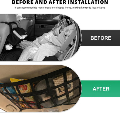 Car Ceiling Cargo Net Pocket, 31.5×20.5 Inch Double-Layer Car Roof Mesh Storage Organizer, Strengthen Load Bearing Overhead Cargo Storage Net for 4-Handle Vehicles