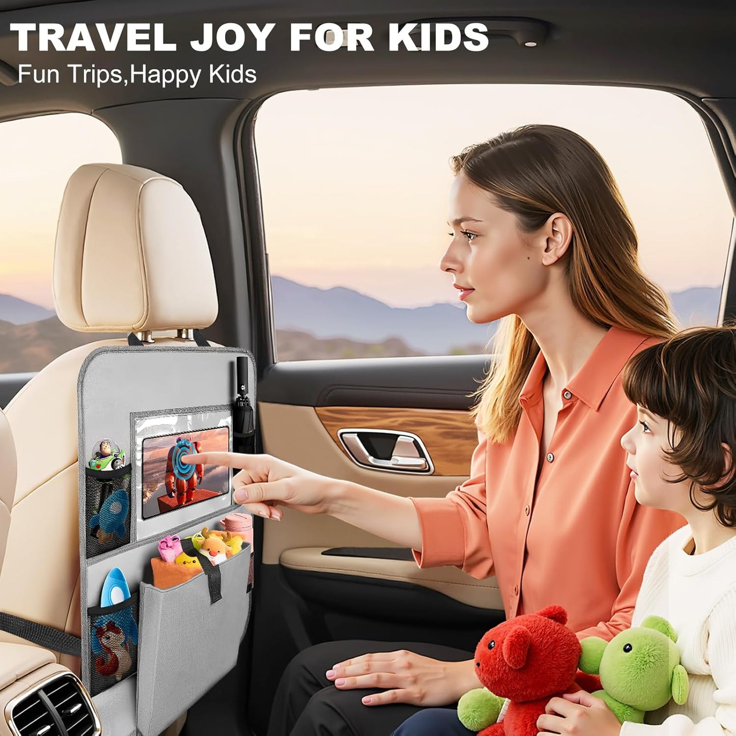 Car Backseat Organizer with Tablet Holder, 6 Storage Pockets Seat Back Protectors Kick Mats for Kids, Car Seat Protector for Road Trips 2 Pack (Black)