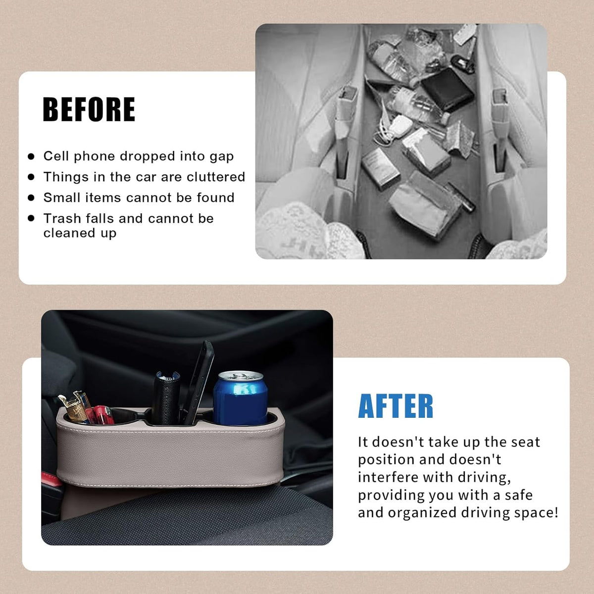 Car Cup Holder, PU Leather Auto Front Seat Organizer, Multifunctional Cup Drink Holders, Gap Filler Storage Box Coin Bucket Console Side Pocket Cell Mobile Phone Holder (Black)