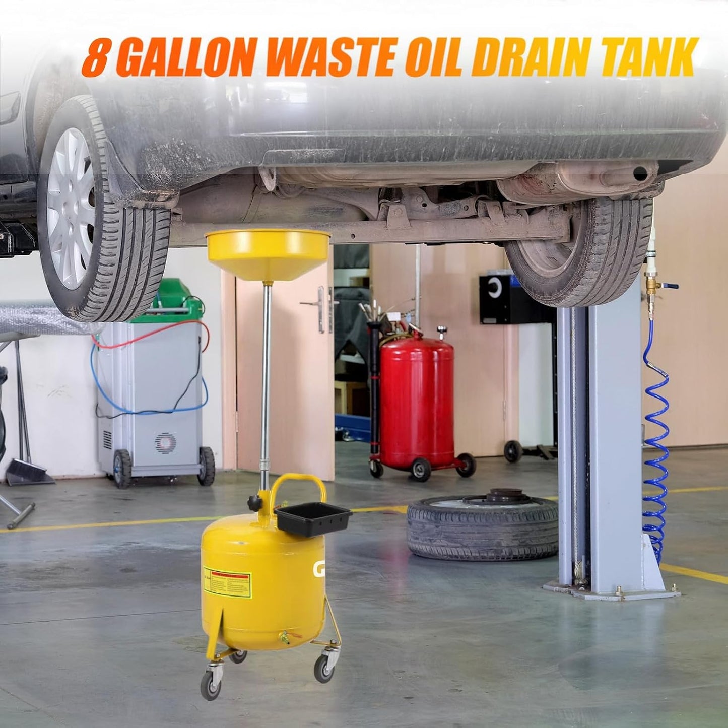 Garvee 8 Gallon Portable Waste Oil Drain Tank, Oil Lift Drain Pan Air Operated Drainer, Fluid Fuel Drainage Adjustable Funnel Height with Wheels