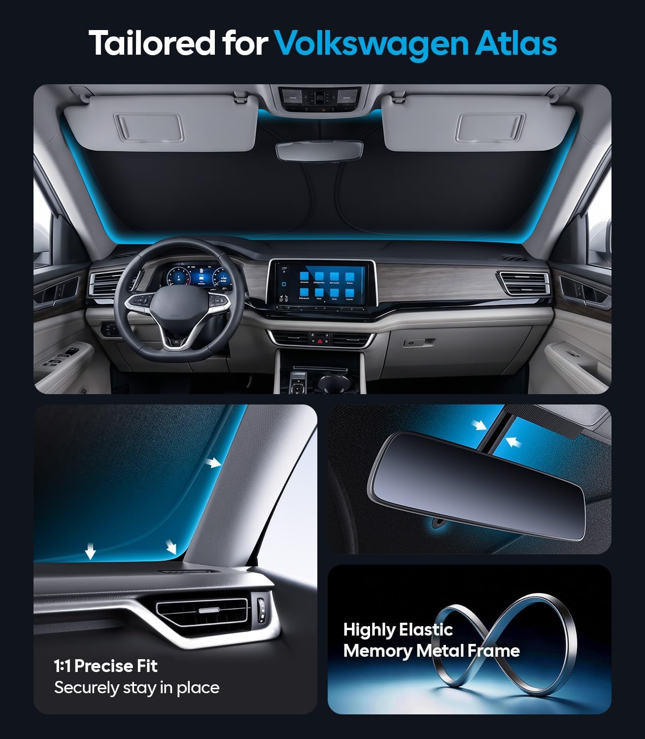 Wigoo Tesla New Model Y Accessories Windshield Sunshade [OEM Design, 100% Sun Blockage] Foldable Heat Insulation Sunshade with Storage Bag, for Model Y 2020~2026 (Juniper), Silver Coating - Colors B