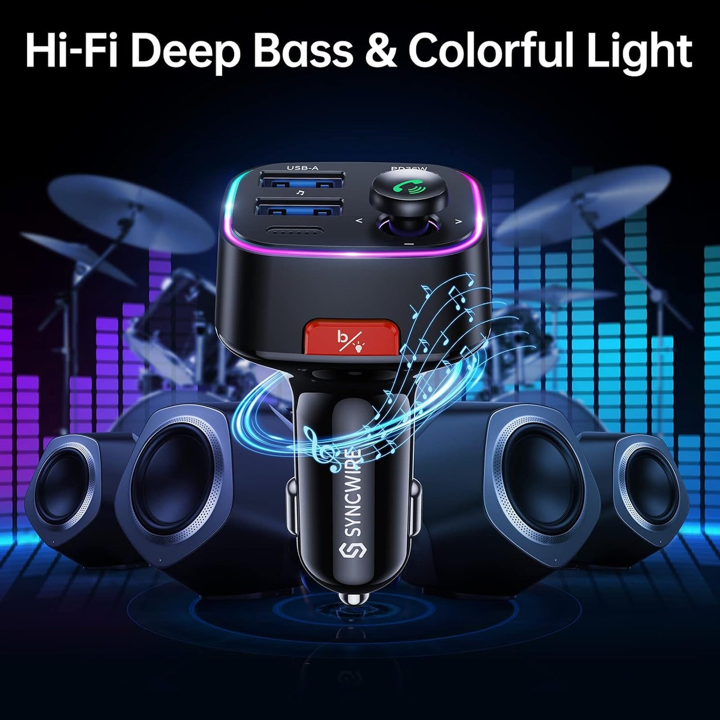 Syncwire Bluetooth 5.4 FM Transmitter Car Adapter 48W (PD 36W & 12W) [Light Switch] [HiFi Bass Sound] [Fast Charging] Wireless Radio Music Adapter LED Display Hands-Free Calling Support USB Drive