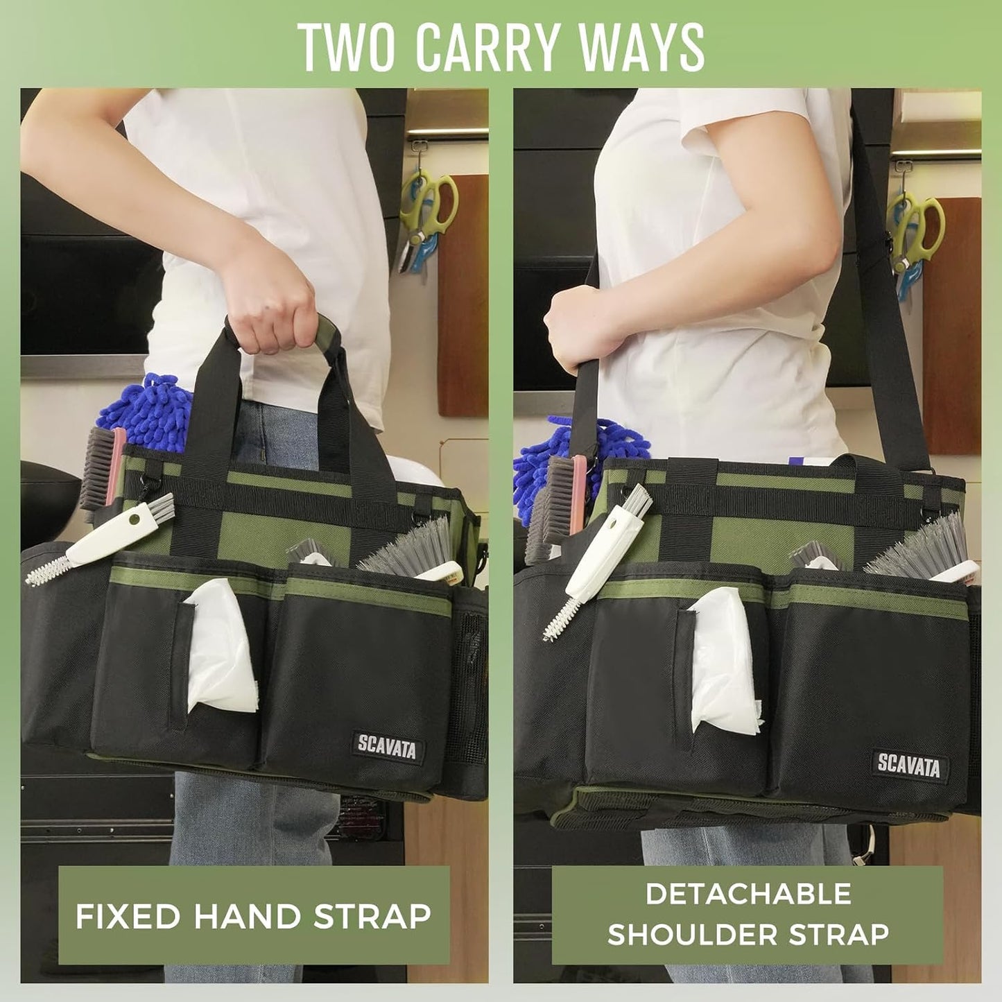 SCAVATA Compact Wearable Cleaning Caddy, Small Supplies Organizer with Handle & Shoulder Straps for Housekeepers, Under Sink & Car Cleaning Tool Organizer Bag (Black)