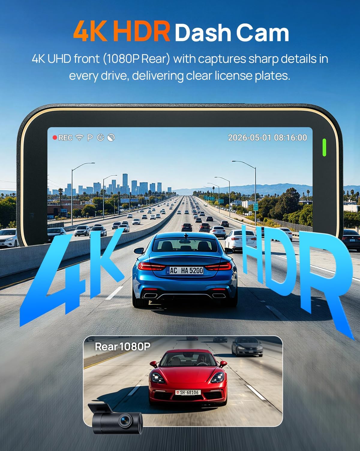 70mai A810 Lite 4K Dash Cam Front and Rear, 5GHz Wi-Fi 6 DashCam, Car Camera 4G LTE Remote Access, GPS Tracking, HDR Night Vision, 24H Parking Mode, Voice Control, Emergency Lock, Loop Recording