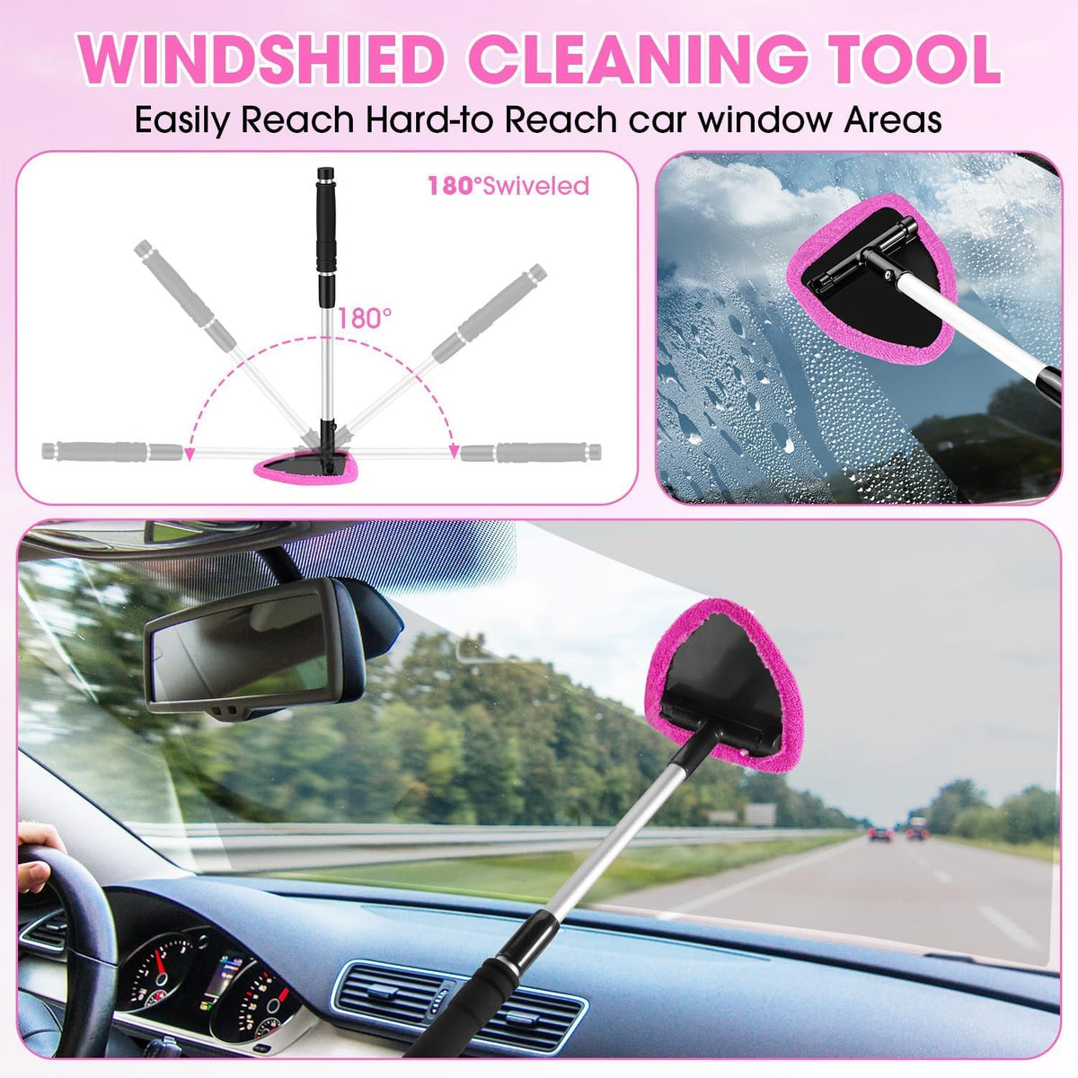 Windshield Cleaner Tool, Car Interior Cleaning Kit with Extendable Handle and 3 Reusable Microfiber Pads, Auto Glass Wiper and Detailing Brush Kit for Car & Home Window, Blue