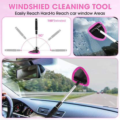 Windshield Cleaner Tool, Car Interior Cleaning Kit with Extendable Handle and 3 Reusable Microfiber Pads, Auto Glass Wiper and Detailing Brush Kit for Car & Home Window, Blue