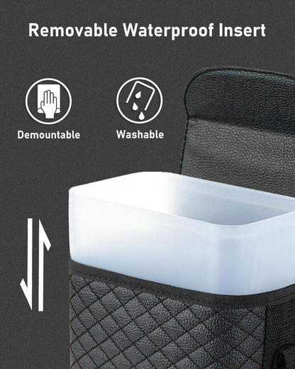 BELINOUS Leather Car Trash Can with Matching Tissue Holder, Waterproof and Leakproof Mini Car Trash Can with Lid, Small Garbage Bin with Adjustable Strap