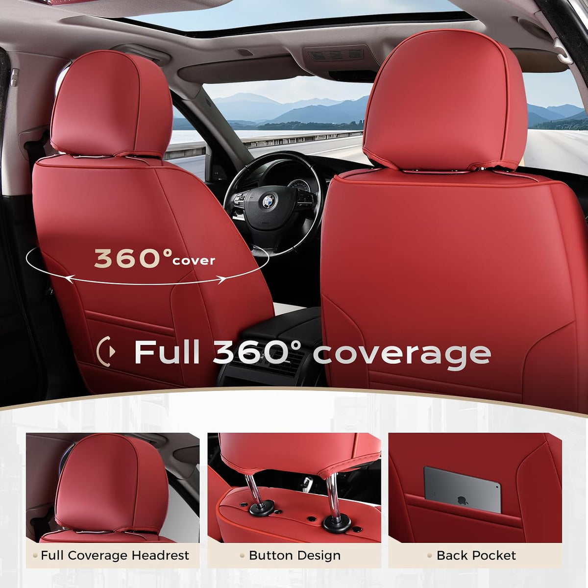 Coverado Seat Covers Full Set, Black Seat Covers for Cars 5 Seats, Car Seat Protector, Waterproof Nappa Leather Car Seat Cushion, Front and Rear Car Seat Cover Fit for Most Sedans SUV Pick-up Truck - Colors B