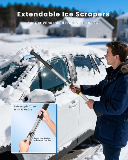helloleiboo 43.7" Extendable Ice Scrapers for Car Windshield for 12 Adjustable Length Settings with Foam Grip and 360° Pivoting Brush Head Detachable Snow Brush for Truck SUV(Orange)