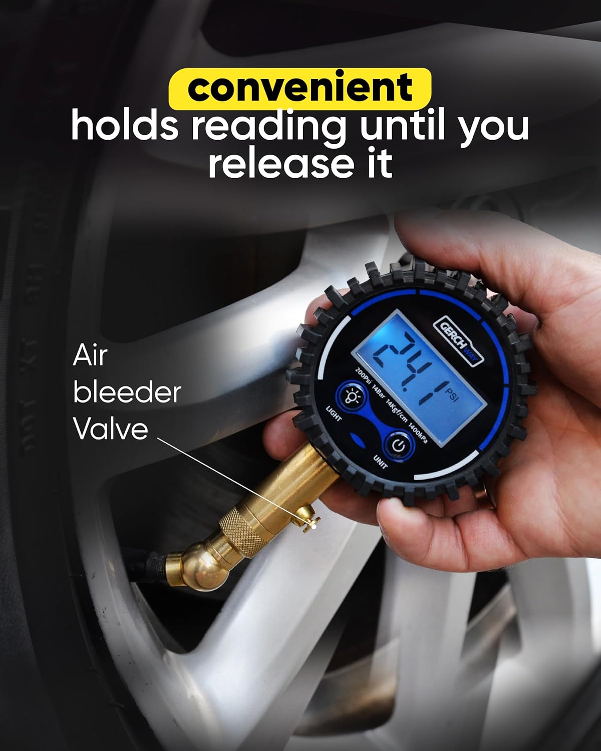 GERCHWAY Digital Tire Pressure Gauge for Cars - Accurate Air Pressure Gauge for Tires with 360° Swivel Chuck - 200 PSI