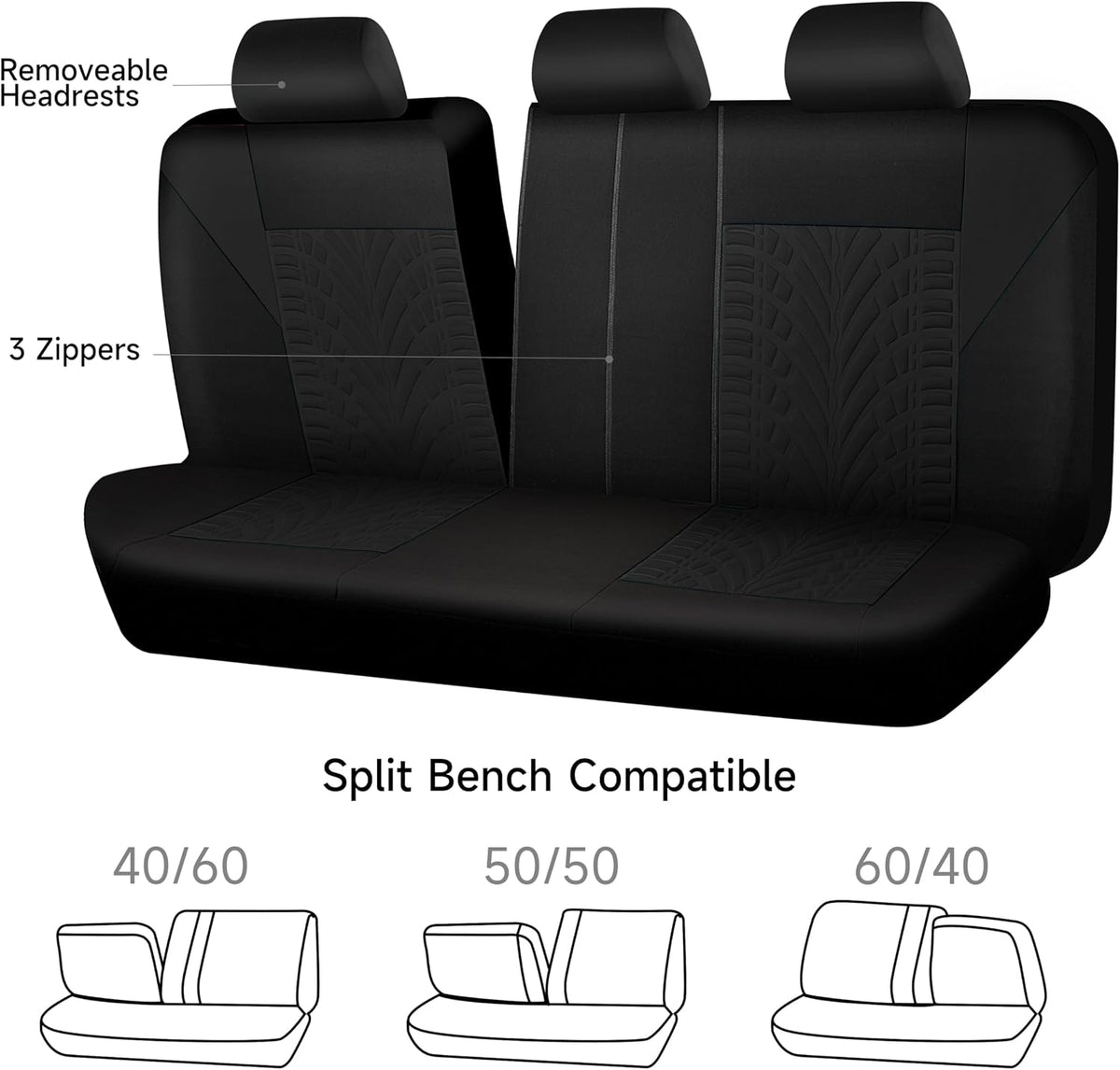 CAR PASS Car Seat Covers Full Sets, Front & Split Rear Bench for Car, 3D Tyre Embossed Automotive Interior Covers, Airbag Compatible, Quick Setup Universal Fit Seat Covers for Car, SUV(Charcoal)