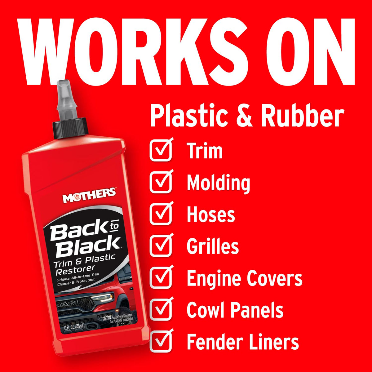 Mothers Back-to-Black Trim & Plastic Restorer, 12 oz. — Removes Oxidation, Dirt & Wax Residue – Restores Faded Trim & Provides Long-Lasting Protection (06112)