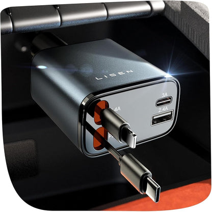 LISEN Retractable Car Charger, 84W Car Charger USB C Fast Charger, Cigarette Lighter USB Charger Adapter, Car Accessories Birthday Gifts for Men Women Dad Mom Husband, for iPhone 17 16 15 14 13 12 11