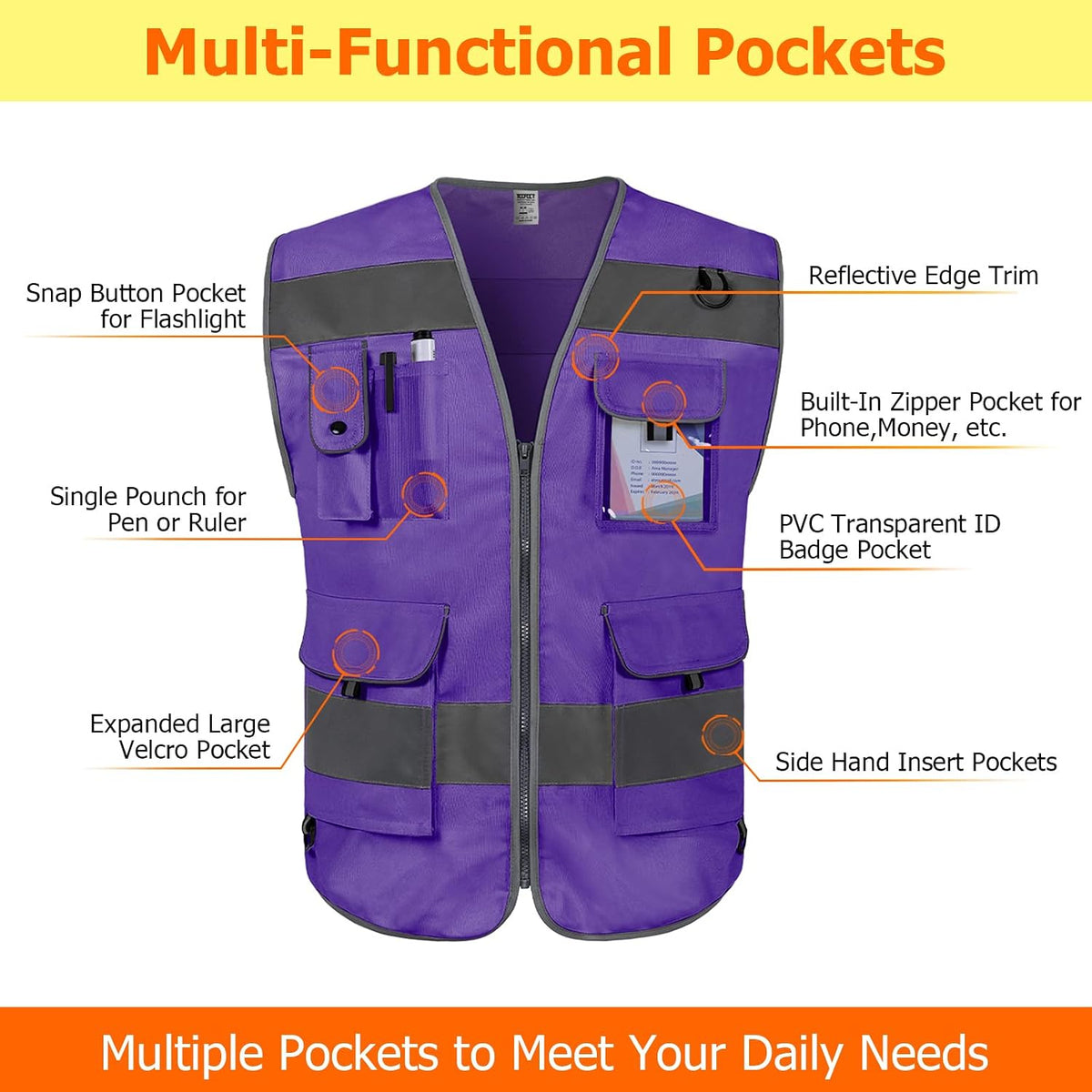 TCCFCCT Safety Vest for Men Women 9 Pockets High Visibility Vest for Safety, Reflective Work Vest with Reflective Strips, Meets ANSI/ISEA Standards, (Yellow, Large)