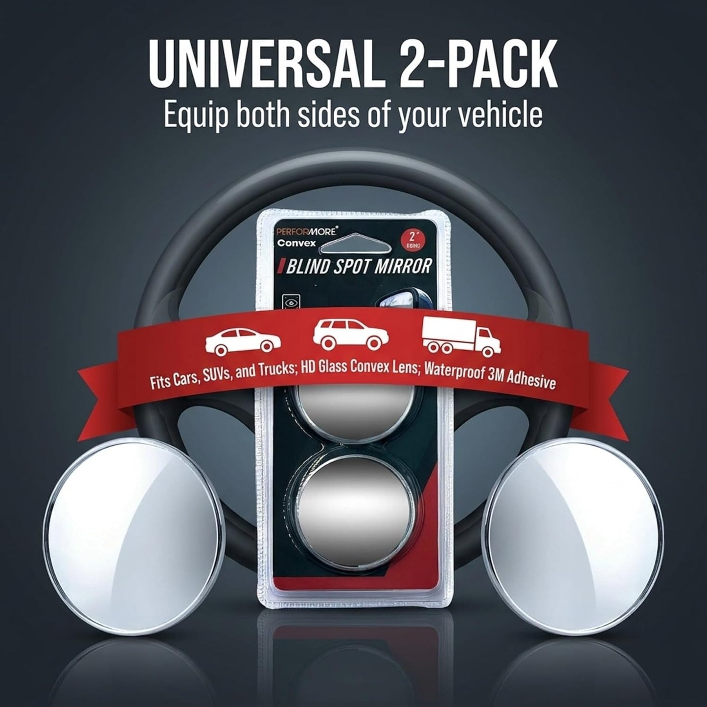 Blind Spot Mirror 2 Pack, 2 Inch Round HD Glass Convex Mirror for Car, Wide Angle Side Rearview, Waterproof 3M Adhesive, Easy Installation for Cars SUV and Trucks - Performore
