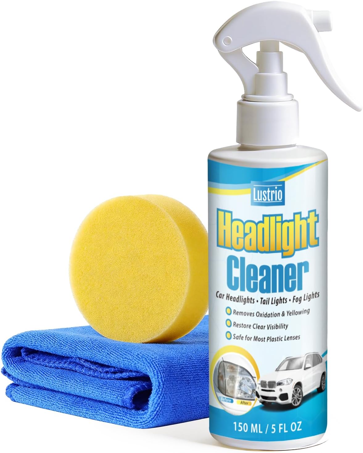 Headlight Cleaner & Restorer Kit – Instant Oxidation, Yellowing & Road Grime Remover – Revives Cloudy Headlamps to Crystal Clear – Includes Sponge & Towel – 5oz/150ml for Cars, Trucks & SUVs