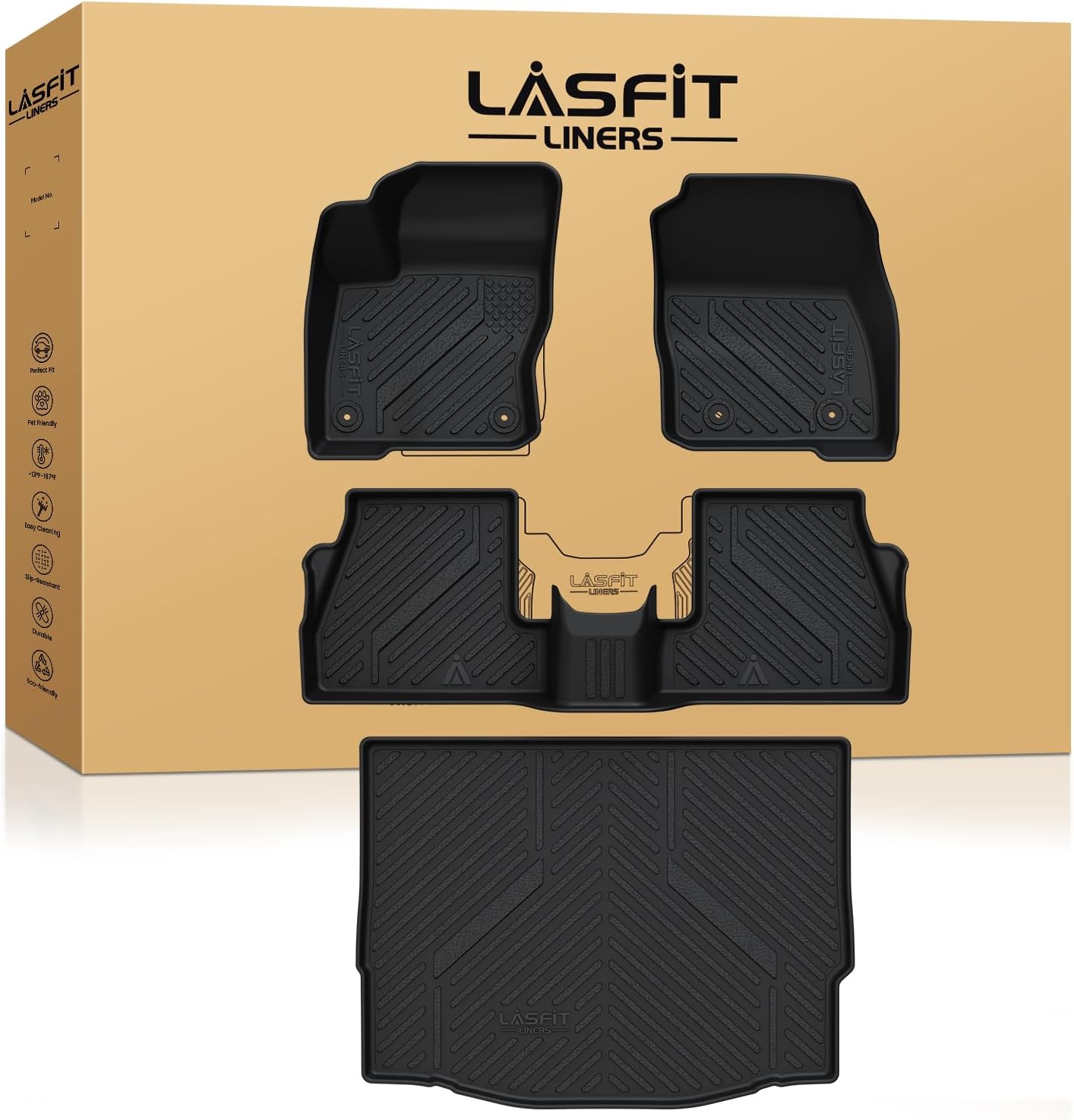 LASFIT Floor Mats for Ford F-150 2021-2026 | F150 Lightning 2022-2025 SuperCrew (Rear w/Fold Flat Storage) Carpet Floor All Weather Car Liners TPE Truck Mats - 1st and 2nd Row, 3pcs Black
