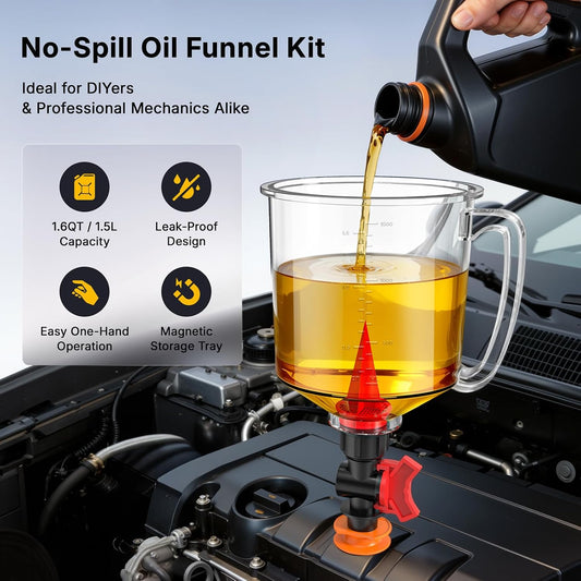 19-Piece No Spill Engine Oil Funnel Kit | 1.6QT Oil Change Kit w/ 12 Adapters, 2 Magnetic Trays, 45° Elbows, Arrow Filter & Gloves | Transparent Body w/Scale & Shut-Off Valve | Universal Fit
