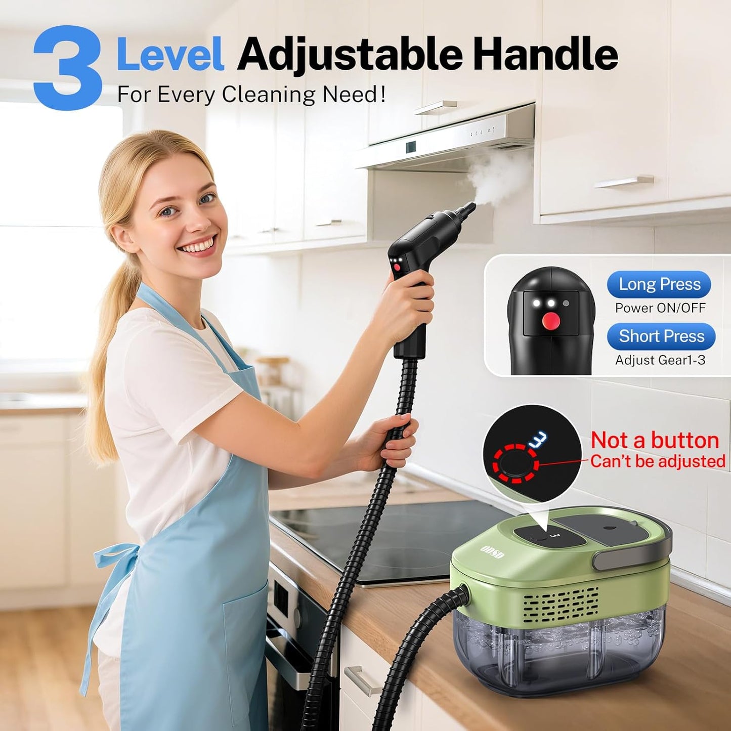 ODSD Steam Cleaner for Home & Car, 3-Level Adjustable Steamer for Cleaning, 15s Heat-Up & 1.6L Large Tank, Handheld Steam Cleaner for Car Detailing, Home, Tile, Grout,Furniture with 15pcs Accessories
