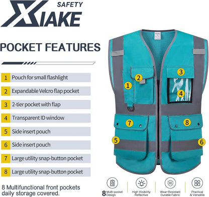 XIAKE Reflective Safety Vest for Men & Women High Visibility Class 2 Vest with Pockets Meets ANSI Standards