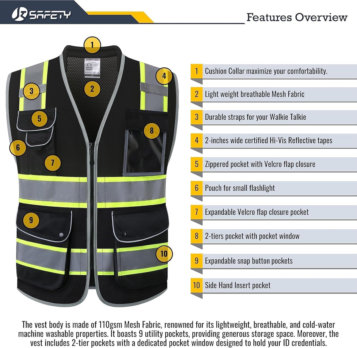 JKSafety 9 Pockets Class 2 High Visibility Zipper Front Safety Vest With Reflective Strips,Meets ANSI/ISEA Standard (Large, 150-Yellow) - Colors B