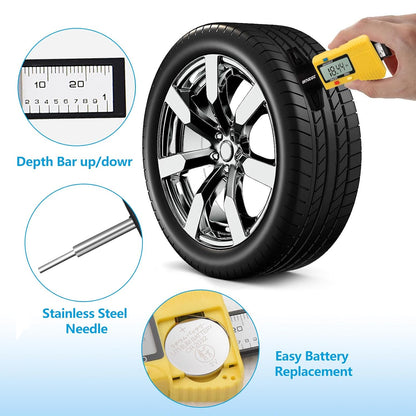 Tire Tread Depth Gauge, 3 Modes Digital Tire Depth Gauge-Fractional Inch, Decimal Inch and Millimeter for Motorcycles, Cars, Trucks, Vans, SUV - Yellow