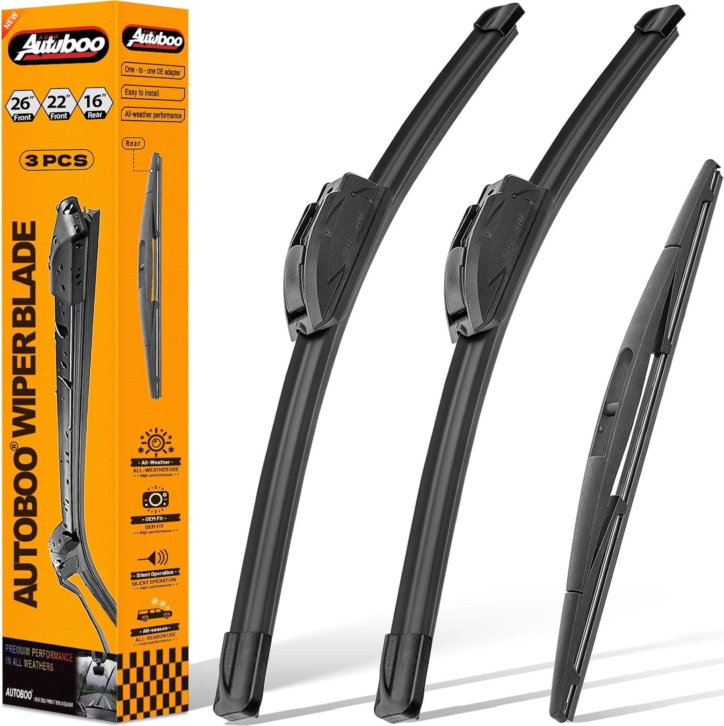 AUTOBOO 3-Pack Windshield Wiper Blades for Subaru Outback 2020-2025, Original Equipment Replacement 26"+18" Front and 16" Rear, All-Weather Performance, Easy One-Click Install