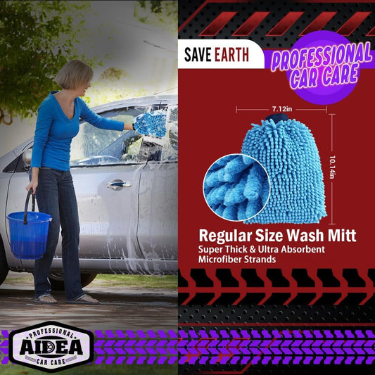 AIDEA Car Wash Mitt Microfiber, 1PK-Scratch-Free& Lint-Free, Premium Chenille Microfiber Mitt Car Wash Brush-Green Regular Size (7.12''X10.14'')