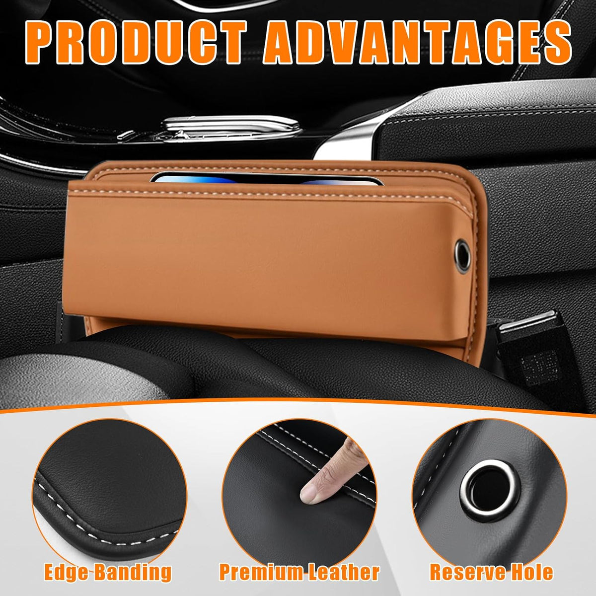 Ziciner Car Seat Gap Organizer, Premium Leather Auto Seat Storage Box, Vehicle Adjustable Front Seat Gap Filler, Car Seat Side Pocket Organizer for Phones, Glasses, Keys, Money, Cards (Black)