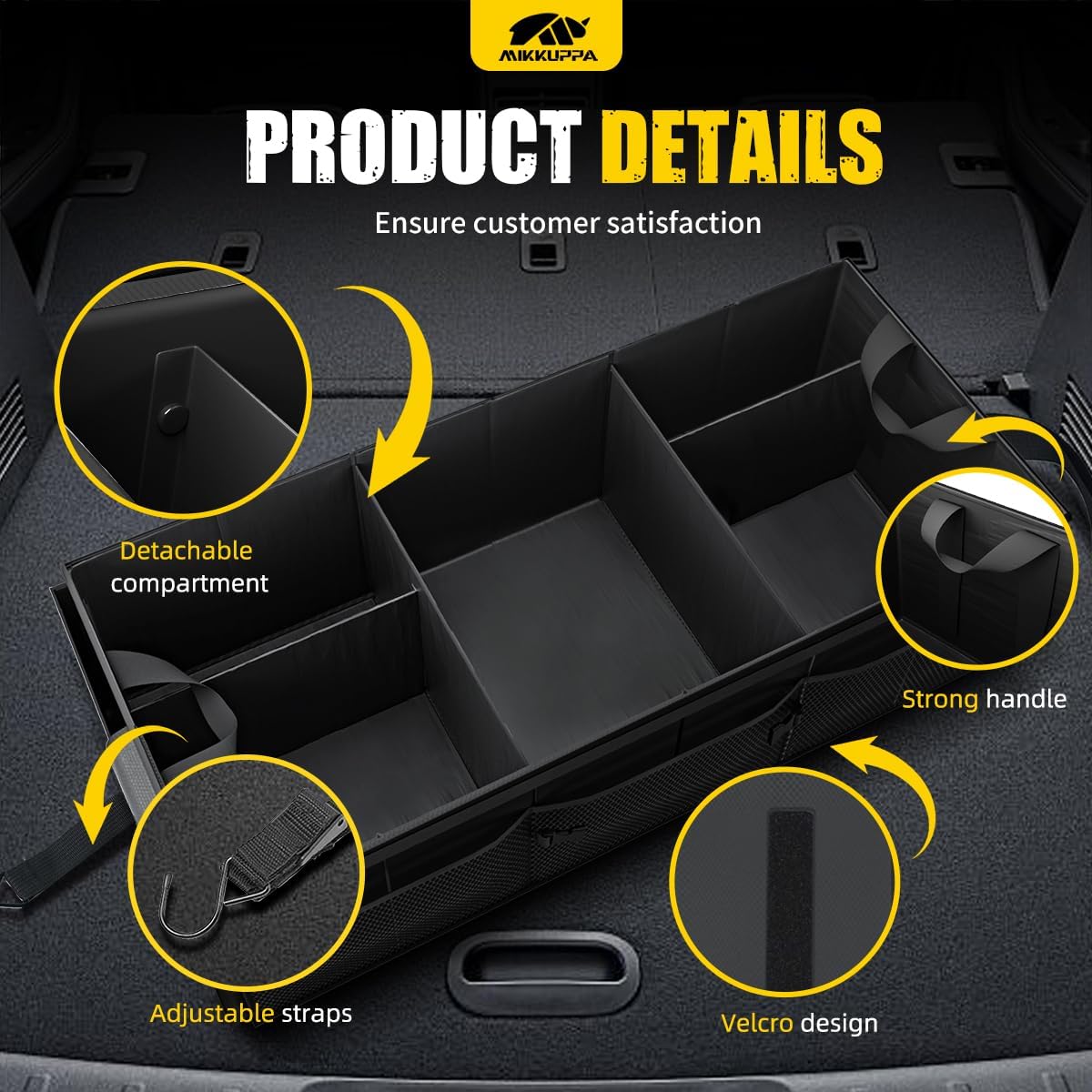 MIKKUPPA Car Trunk Organizer - 65L Collapsible Trunk Organizer with Lid, Sturdy Car Storage for SUV Auto Truck Van with Adjustable Straps and Non Slip Bottom (Black)