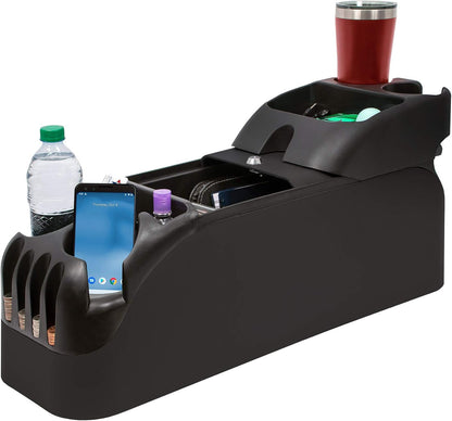 Moblorg Center Console for Minivans, SUVs, Middle Van Console, Extra Cup Holders, Large Storage, 27"L x 11.5"W x 8.5"H,Made in USA (Black)