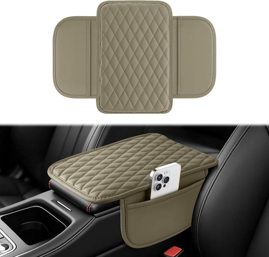 Amiss Car Center Console Cover, Upgraded Leather Car Armrest Cushion with 2 Storage Pockets, Universal Waterproof Cushion Pad, Non-Slip Car Interior Accessories, Fits Most Sedans SUVs Trucks (Black)
