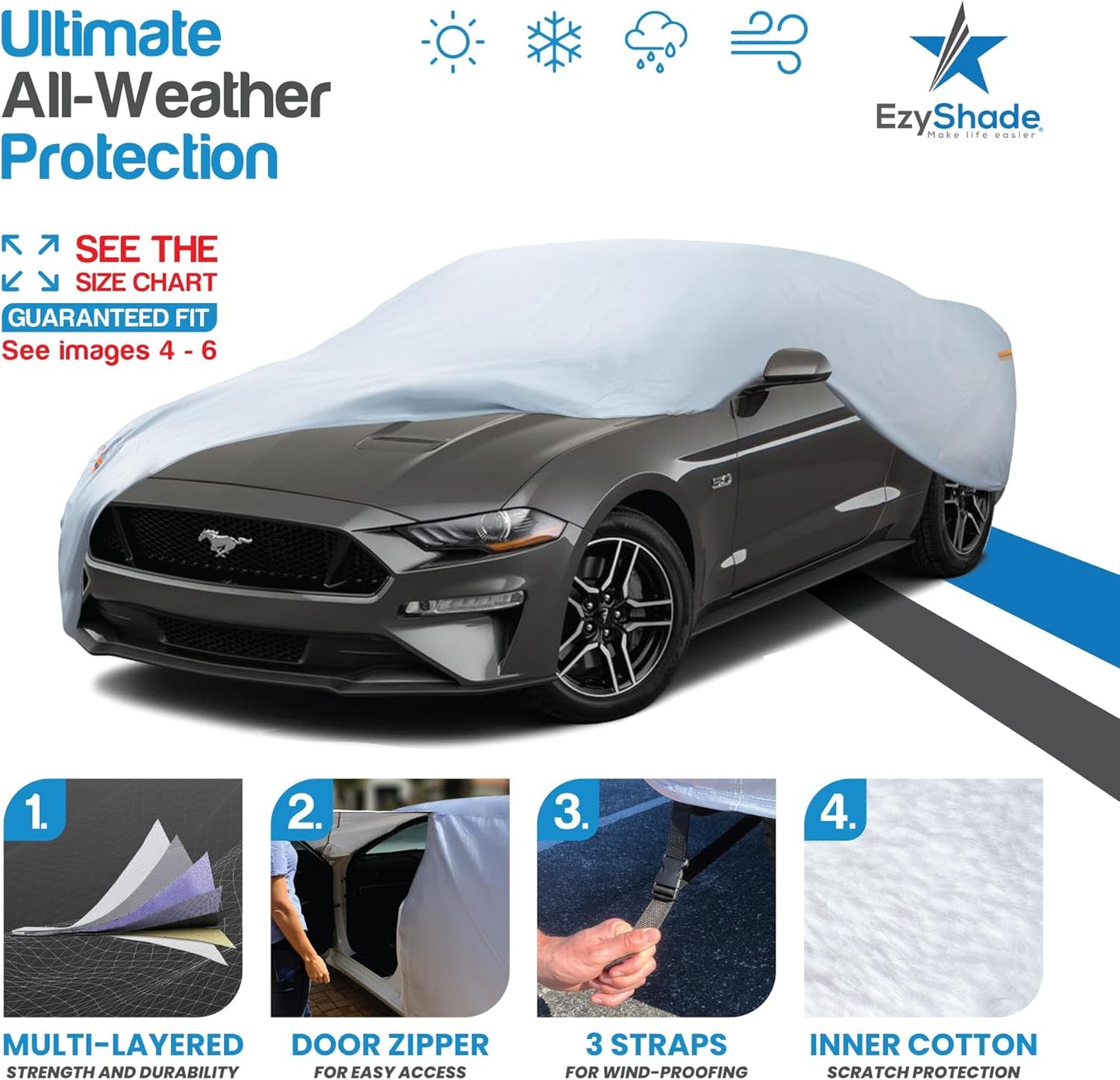 EzyShade 10-Layer Car Cover Waterproof All Weather - See Vehicle Size-Chart - Car Covers for Automobiles & Car Snow Cover - Full Exterior Covers - Winter Rain Sun SUV Sedan. Size A4 (See SizeChart)