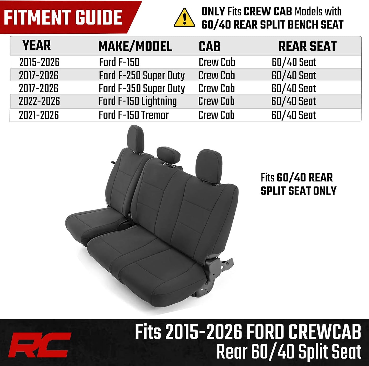 Rough Country Neoprene Front & Rear Seat Covers for Ford F-150, Lightning, F-250 & F-350 (2015-2026) Crew Cab w/Front Bench Seat & Rear 60/40 Split