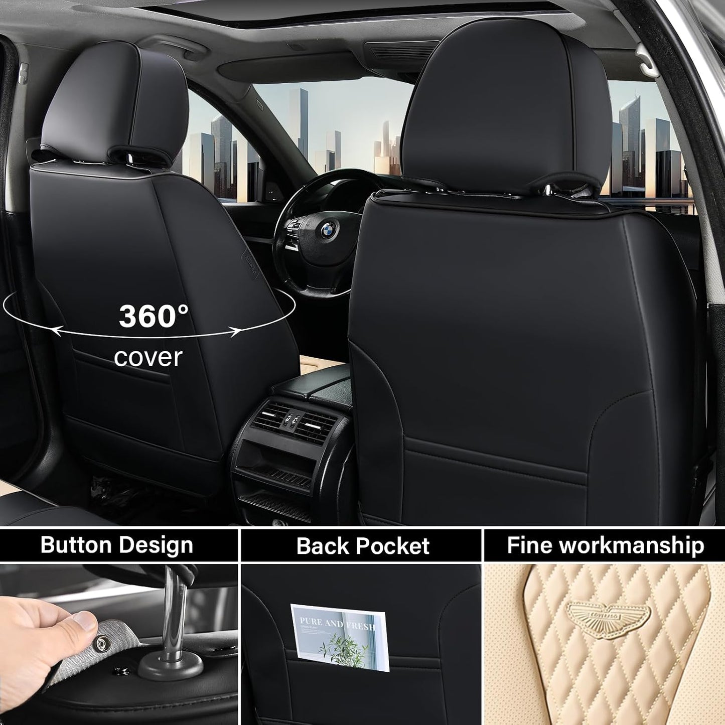 Coverado Seat Covers, Car Seat Covers Full Set, Black Car Seat Cover, Car Seat Covers Front Seats Back Seat Cover, Waterproof Car Seat Cushion, Leather Seat Covers Seat Protector Fit for Most Cars