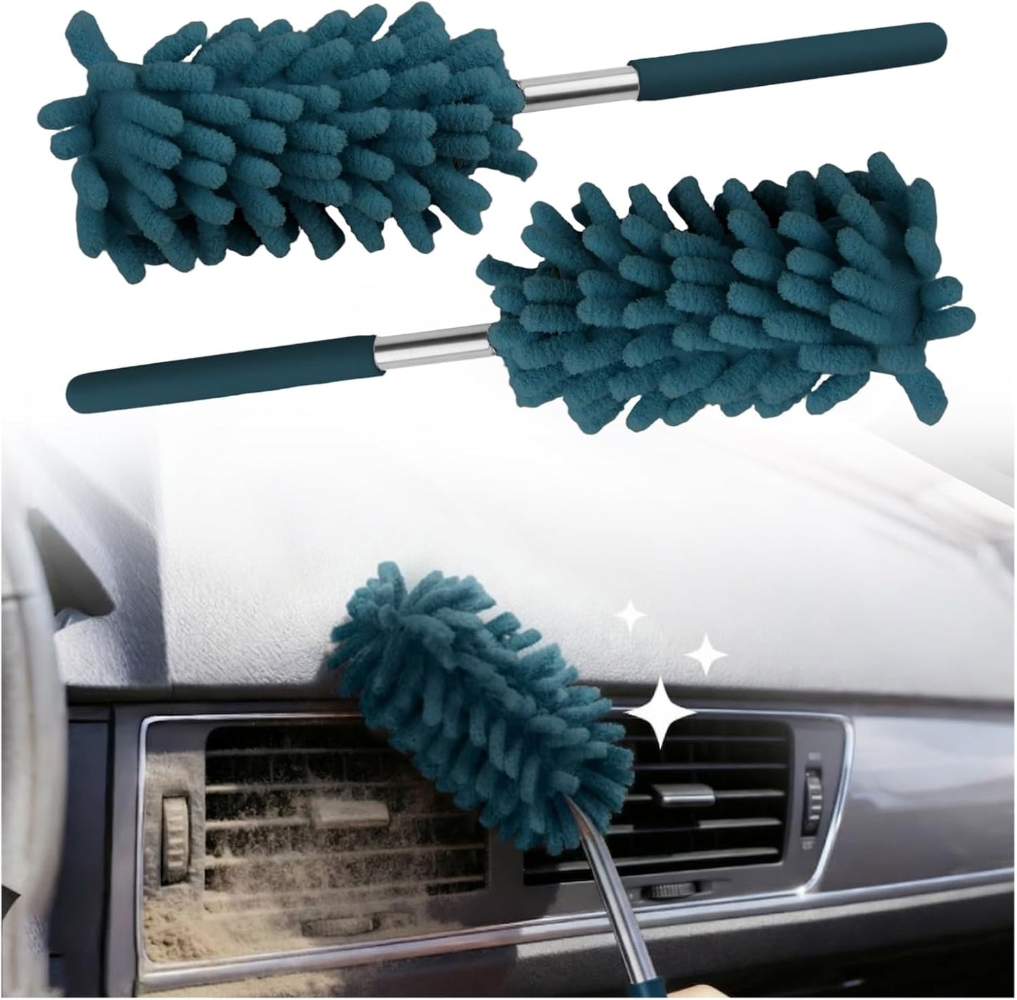 2PCS Car Duster Interior with Bendable Head & Retractable Extension Pole,Pink Microfiber Duster for Car Interior Detailing Cleaning,Universal Cars Interiors Dusters Cars Tools