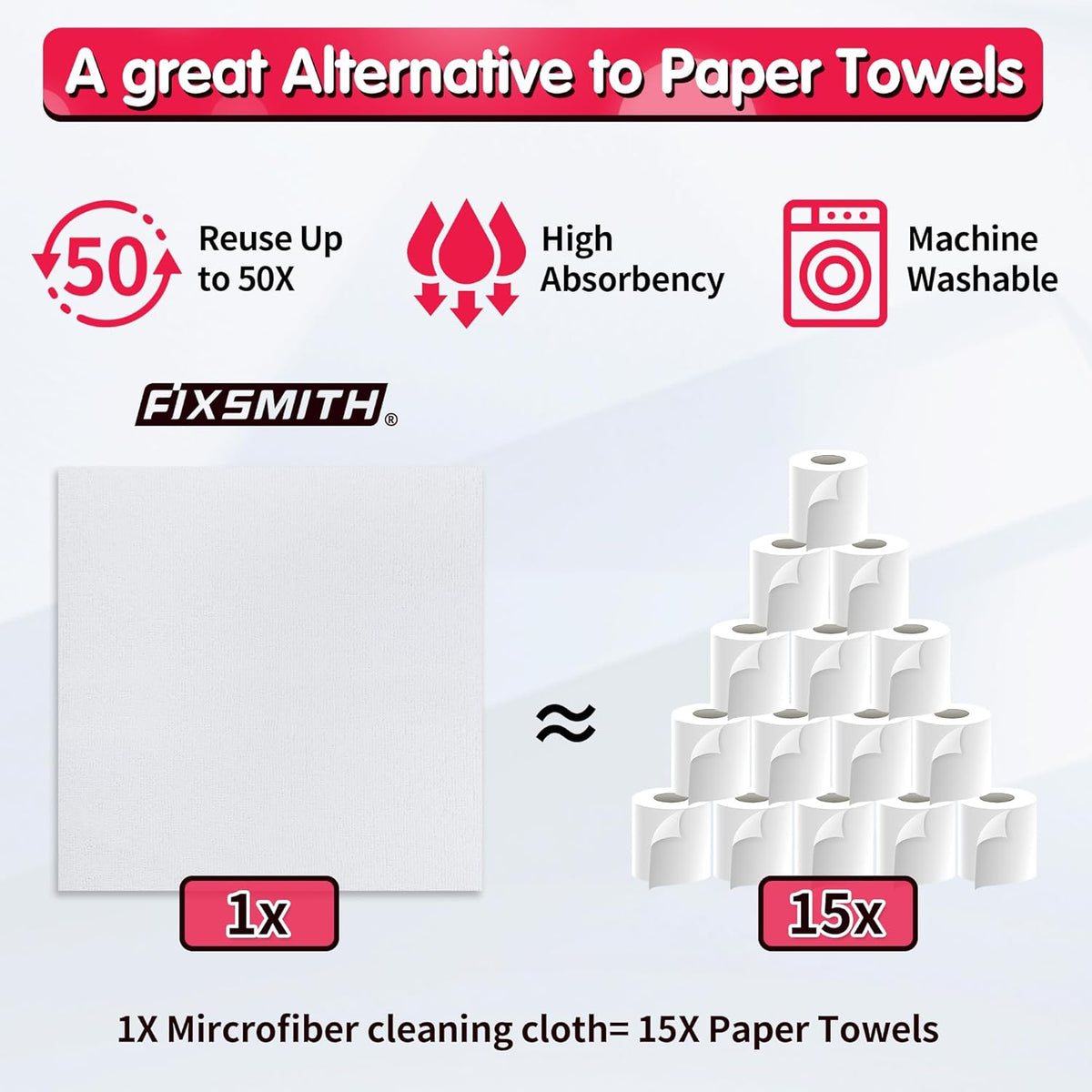 FIXSMITH Microfiber Cleaning Cloth - Pack of 50, Microfiber Towels for Cars 16 x 12 in, Highly Absorbent Cleaning Rags, Lint-Free, Streak-Free Cleaning Cloths for Car Kitchen Home Office