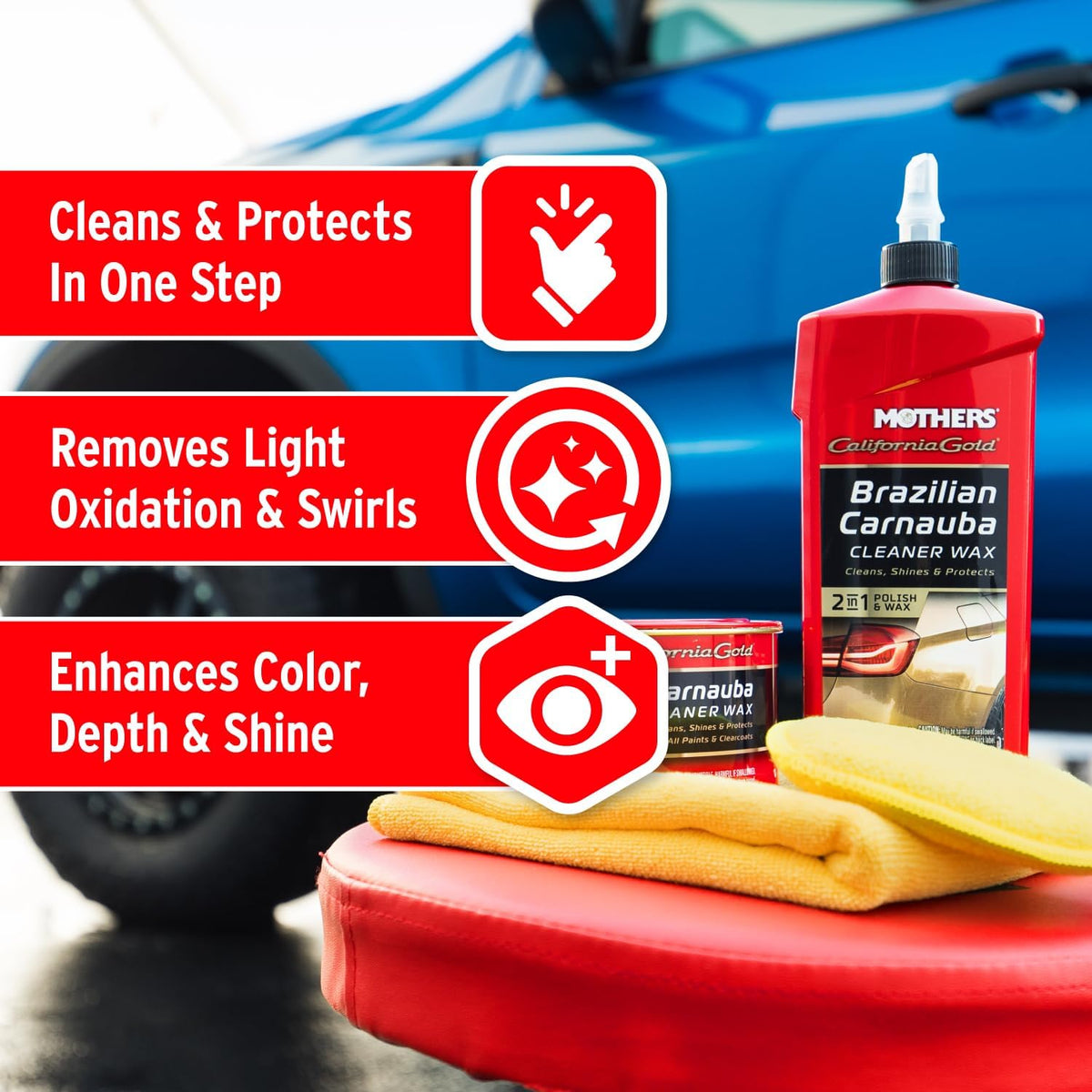 Mothers California Gold Brazilian Carnauba Cleaner Wax, 12 oz. Paste – Cleans & Waxes in One Step, Removes Oxidation & Swirls, Premium Carnauba Shine & Protection for All Paint Finishes (05500)