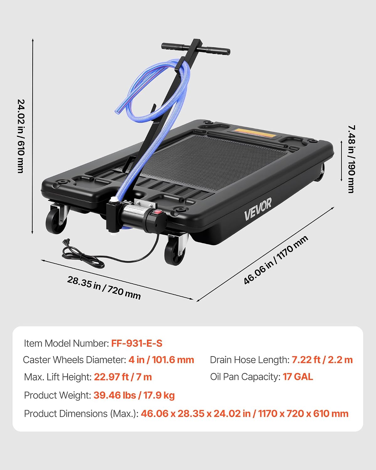 VEVOR Low Profile Oil Drain Pan, 17 Gal Capacity, Rolling Oil Drain Pan with 110V High-Flow Electric Pump, 7.2 ft Hose & T Folding Handle, Leak-proof & Corrosion-resistant, Fit for Trucks, ATVs, Black