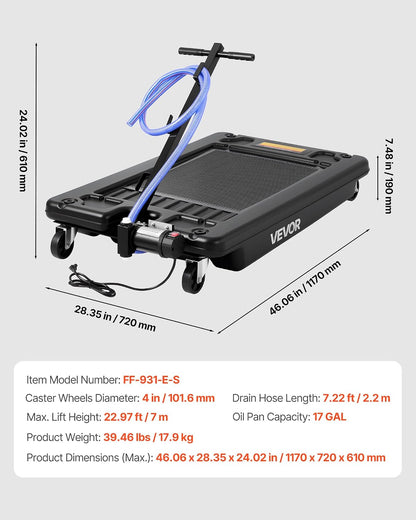 VEVOR Low Profile Oil Drain Pan, 17 Gal Capacity, Rolling Oil Drain Pan with 110V High-Flow Electric Pump, 7.2 ft Hose & T Folding Handle, Leak-proof & Corrosion-resistant, Fit for Trucks, ATVs, Black