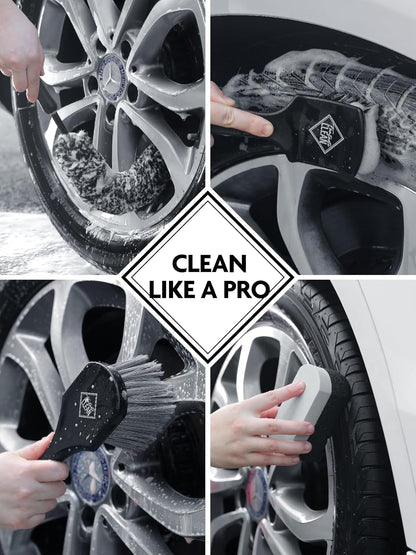 Fantasticlean 7PCS Car Wheel Brush Kit, Tire Brush for Car Owners & Auto Detailers, Soft-bristled Rim Brush, Flat Wheel Brush, Double-Ended Detailing Brush and Pads for Home Shop, Cars Trucks RVs