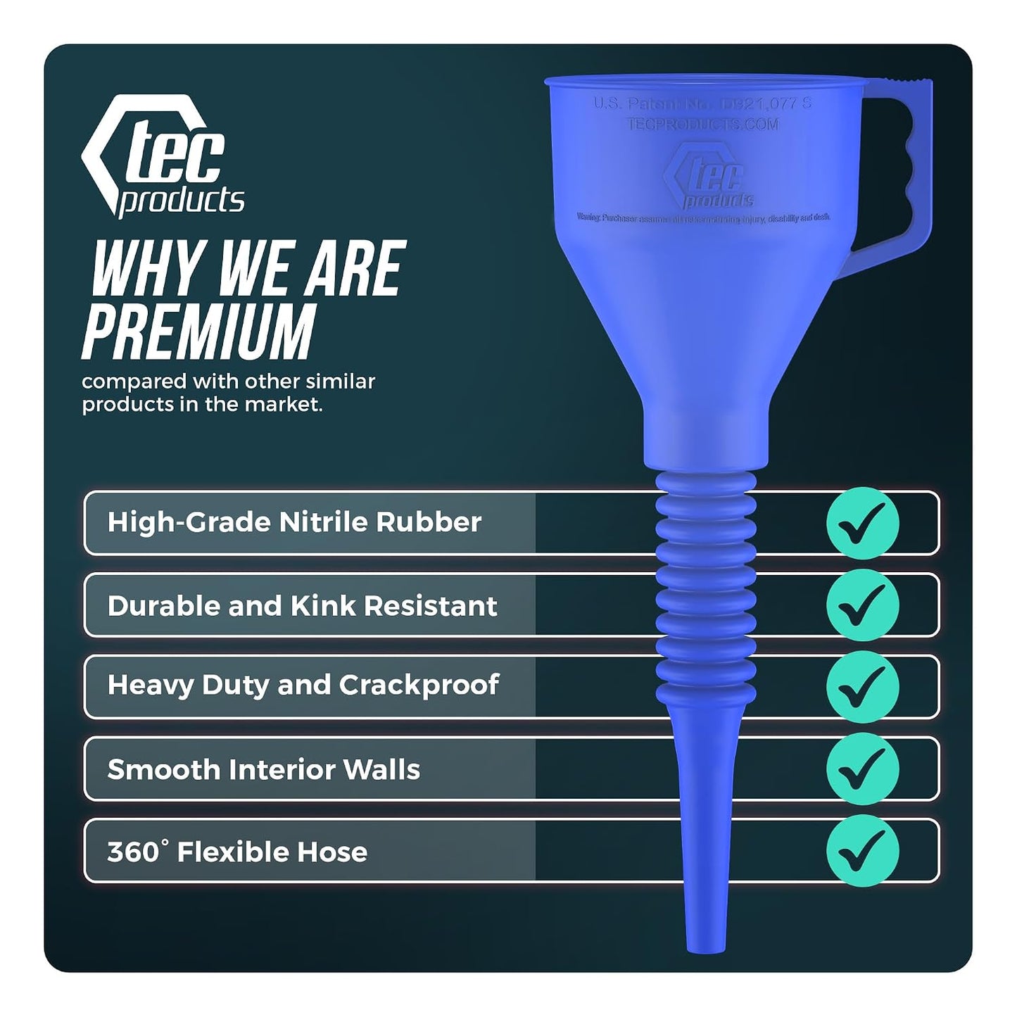 TEC Products FlexAll Long Flexible Funnels - Automotive Oil Funnel with Hose, Durable Nitrile Rubber for Oil Change, Transmission Funnel Fluid, Diesel, Fuel, Gas - Made in USA - Red (16 x 5 Inches)