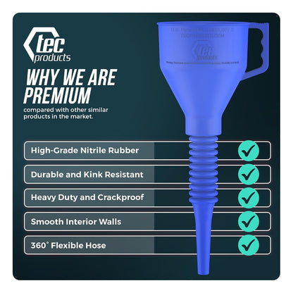 TEC Products FlexAll Long Flexible Funnels - Automotive Oil Funnel with Hose, Durable Nitrile Rubber for Oil Change, Transmission Funnel Fluid, Diesel, Fuel, Gas - Made in USA - Red (16 x 5 Inches)