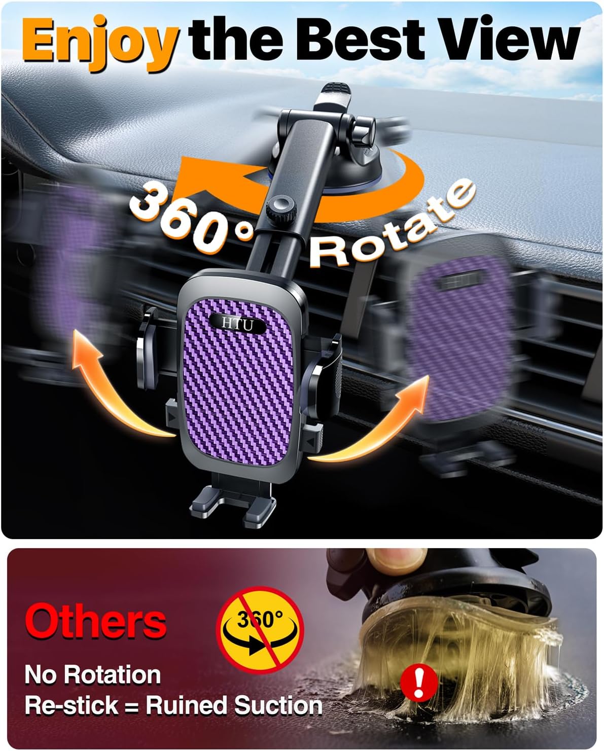 2026 Ultimate Best【True Military-Grade & Safety Cert】Car Phone Holder HTU【Upgraded 360 Rotation & 100+LBS Strongest Suction】5-in-1 Truck Windshield Dashboard Vent Mount Stand for iPhone Android, Black