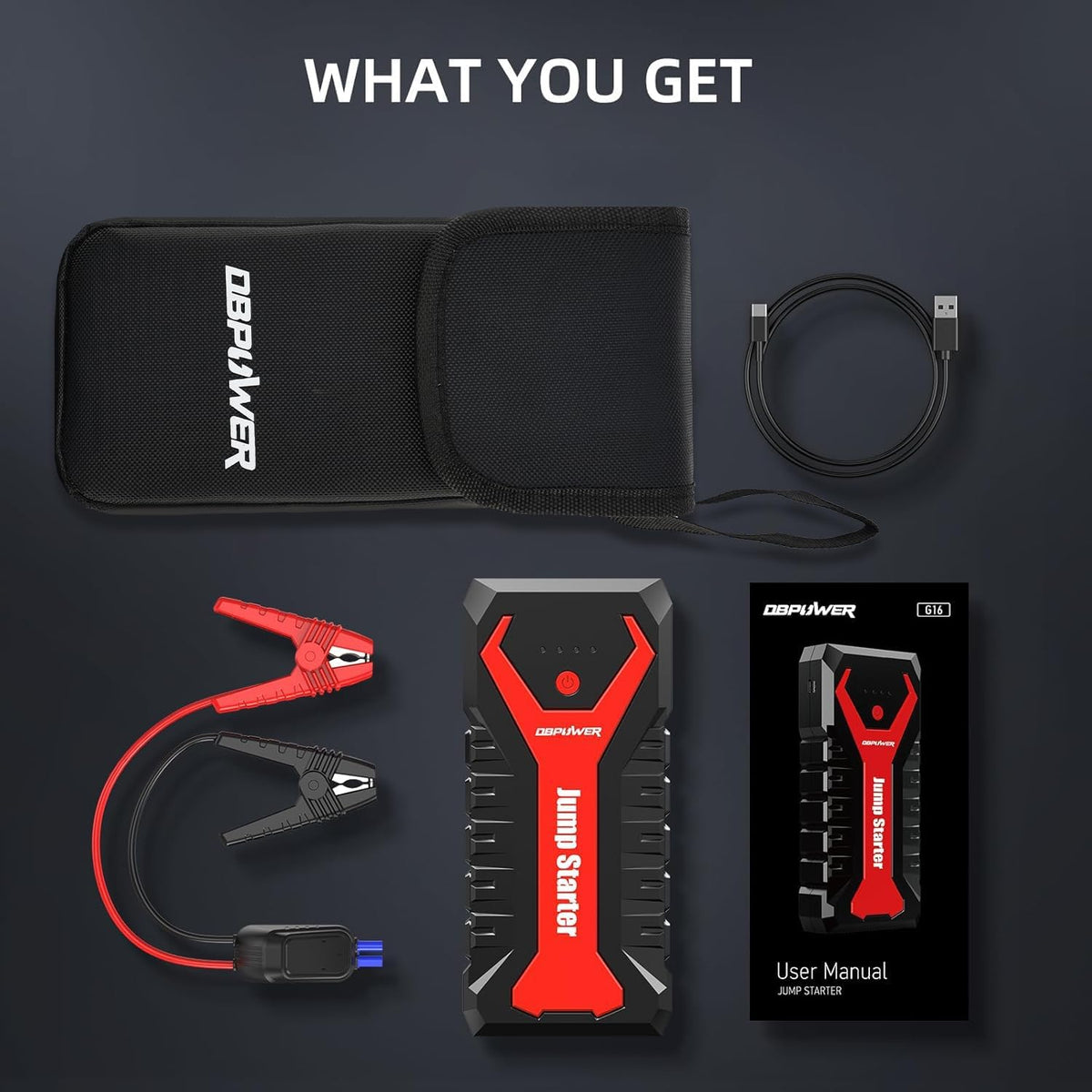 DBPOWER 5000A/80.66Wh Portable Car Jump Starter (UP to 8.0L Gas/6.5L Diesel Engines) 12V Auto Lithium-Ion Battery Booster with Smart Clamp Cables, Quick Charge, and LED, Storage Bag