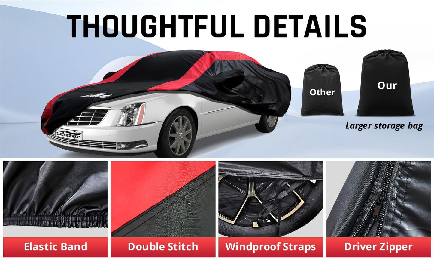 Car Cover Waterproof All Weather Protection with Red Stripe Design, Universal Fit Toyota Camry Solara, Ford Fusion, Kia Stinger Optima, Nissan Maxima, VW Passat, Subaru Legcy